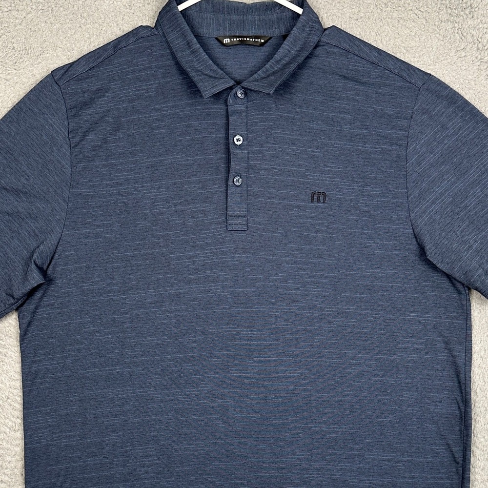 Travis Mathew Golf Polo Shirt Mens XL Navy Blue Heathered Stretch Rugby Logo EUC